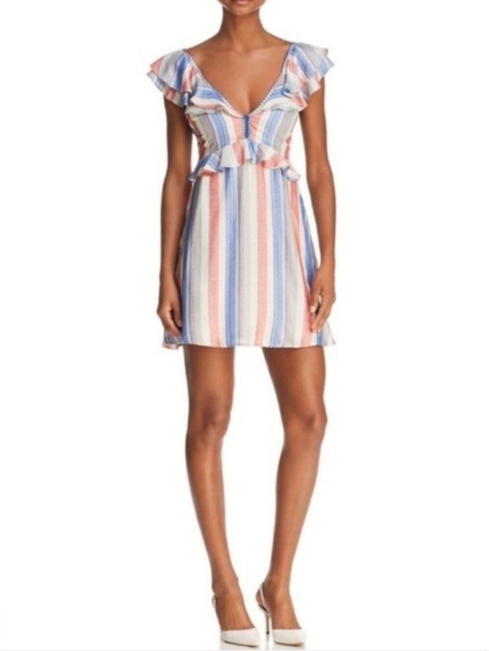 NWT RED CARTER NEW Women's Multi Poppy Striped Ruffle V Neck Mini Dress